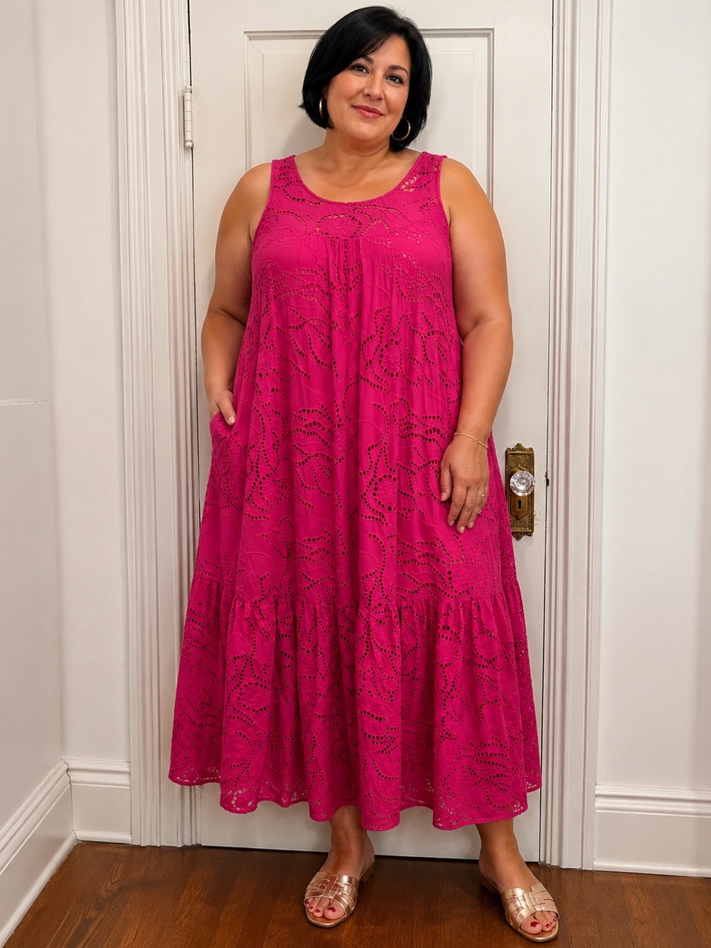 Anthropologie Maeve Sleeveless Eyelet Maxi Dress in Fuchsia